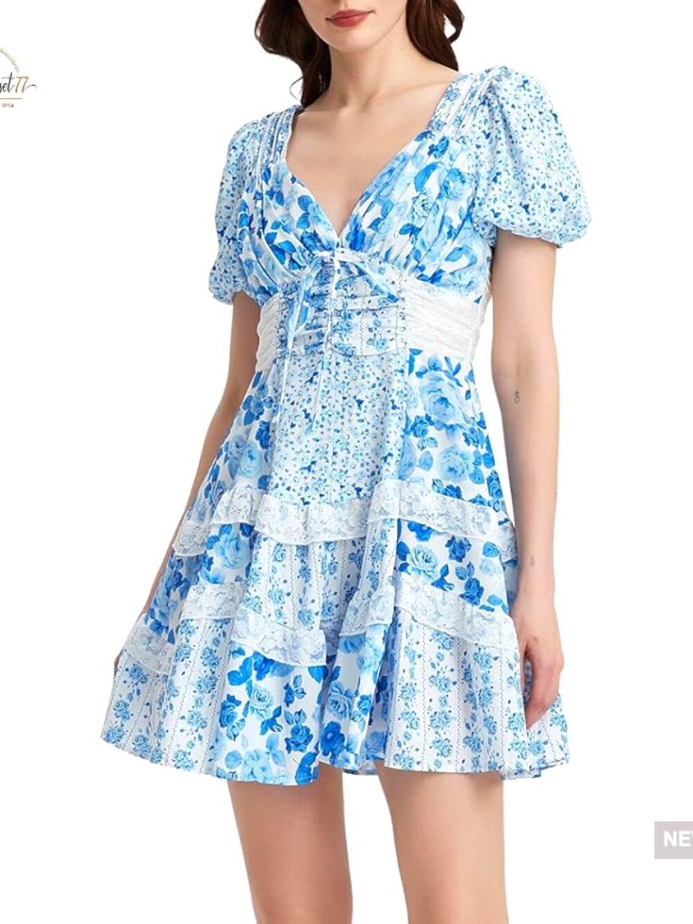 Women's Floral Babydoll Dress V-Neck Lace Ruffle Puff Sleeve Mini Sundress